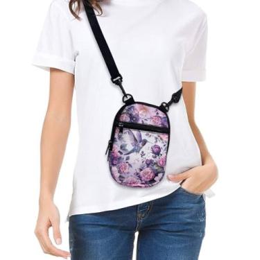 Imagem de Bolsa feminina pequena a tiracolo para celular, carteira com zíper, bolsa carteiro com alça ajustável, Beija-flor roxo
