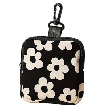 Imagem de Bolsa de zíper com estampa floral preta e branca - carteira pequena de poliuretano e capa para fone de ouvido, porta-cartões compacto unissex e porta-moedas, design de padrão elegante