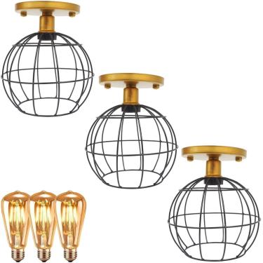 Imagem de 3 Lustres Teto Plafon + 3 Lâmpadas Led St64 Industrial Aramado Globo Preto Retrô Vintage Dourado