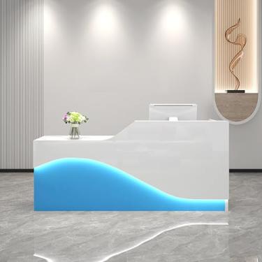 Imagem de Balcão de recepção elegante com gaveta trancável e bandeja de teclado, luz LED - Mesa de finalização de compra de varejo para salão e escritório (veias brancas, 140 x 49,8 cm x 99,8 cm)