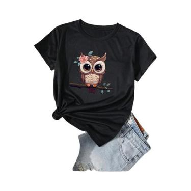 Imagem de Camiseta Feminina De Verão Com Estampa De Coruja, Gola Redonda, Manga 