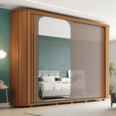 Imagem de Guarda-roupa Casal Cantos Arredondados com Ripado 2 Portas Deslizantes Mozzate Cinamomo/Off White/Avelã