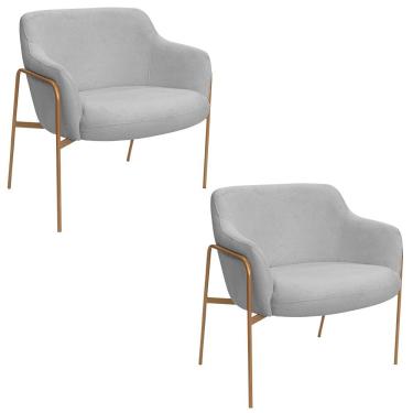 Imagem de Kit 02 Poltronas Decorativas Jade Base Aço Ouro Fosco Bouclé Cinza Claro - Nexta Casa