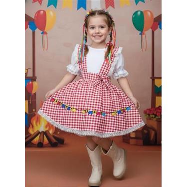 Imagem de Conjunto Infantil Junino Salopete Branca com Saia Xadrez Vermelho - no