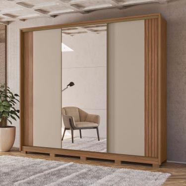 Imagem de Guarda-roupa Casal Frisado 3 Portas de Correr 6 Gavetas com Espelho e Pés Nevada Carvalho/Cinza