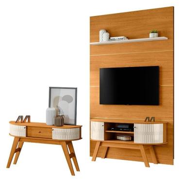 Imagem de Estante Home Theater com Bancada Silverstone e Aparador Estoril Cinamomo Off White – Madetec
