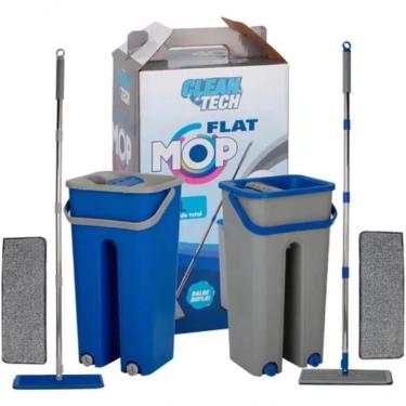 Imagem de Rodo Flat Mop com Balde Lava e Seca 5L Aço Inox Microfibra Cabeça Giratória 360 graus  Verde com 2 Refis Genérico