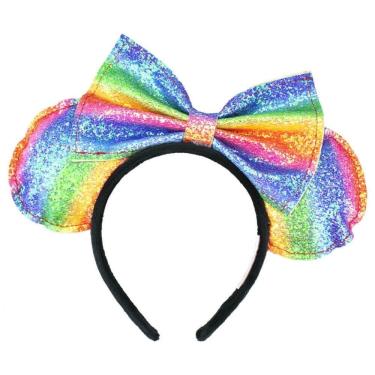 Imagem de Tiara de Cabelo Taimes Tiara Laço Orelhas Arco-Íris Minnie em Poliéster e Plástico 20cm Infantil