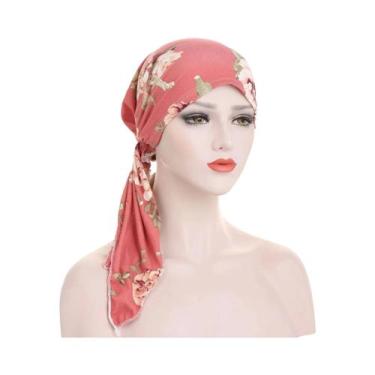 Imagem de Lenço De Cabeça Floral Pré-Amarrado Para Quimioterapia, Turbante Elást