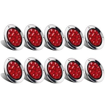 Imagem de Partsam 10 peças de luzes traseiras de reboque de LED redondas de 10 polegadas vermelhas 12 LEDs suporte de flange de aço inoxidável bisel cromado à prova d'água Stop Turn Tail Luzes de freio de substituição para caminhões RV 12 V