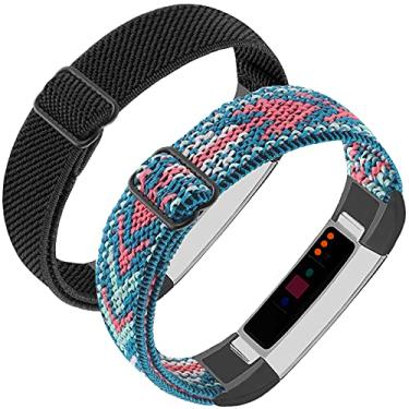 Imagem de Pulseiras de nylon elásticas ajustáveis compatíveis com Fitbit Alta e Alta HR Fitness Tracker, pacote com 2 pulseiras elásticas trançadas acessórias, pulseira de reposição esportiva para mulheres e homens (flecha esmeralda/sarja preta)