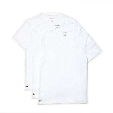 Imagem de Lacoste Pacote com 3 camisetas masculinas Essentials 100% algodão, ajuste regular, gola V, Branco, M