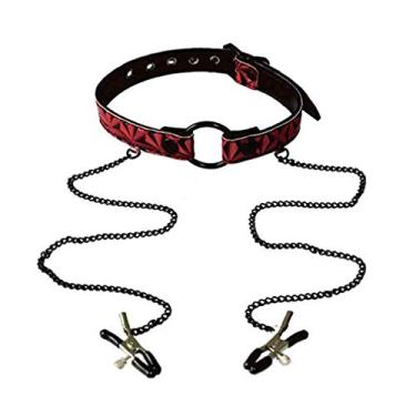 Imagem de lovetoy Mordaça Anel De Metal Com Correntes E Grampos Para Seios Erotic Point Vermelho
