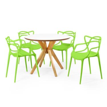 Imagem de Conjunto Mesa de Jantar Redonda Marci Premium Branca 100cm com 4 Cadeiras Allegra - Verde