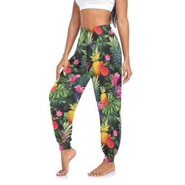 Imagem de CHIFIGNO Calça feminina de ioga harém de cintura alta calça atlética de treino calças casuais folgadas, Abacaxi, flores rosa, folhas verdes, GG