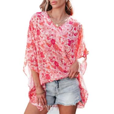 Imagem de Yueary Blusa feminina floral de chiffon, túnica, meia manga, gola V, camisa boho, folgada, leve, básica, Rosa, P