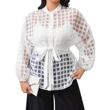 Imagem de Milumia Blusas femininas plus de malha xadrez com botões e cinto de manga comprida, Branco, 3G Plus Size