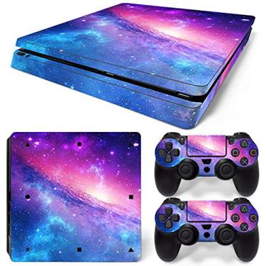 Imagem de Ps4 Slim Stickers Capa de decalque de vinil de corpo inteiro para controles de console PlayStation 4 (com 4 peças de adesivos de barra de luz LED) (fogo azul) (céu rosa)