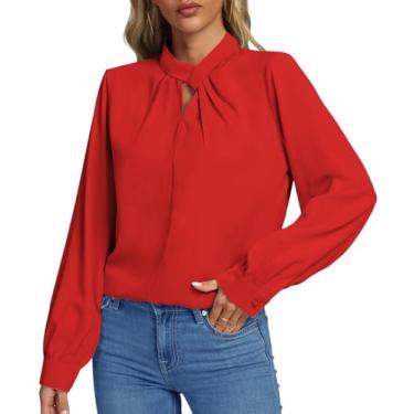 Imagem de Rooscier Blusa feminina plissada de chiffon de manga comprida com recorte de gola redonda elegante, Vermelho, XXG
