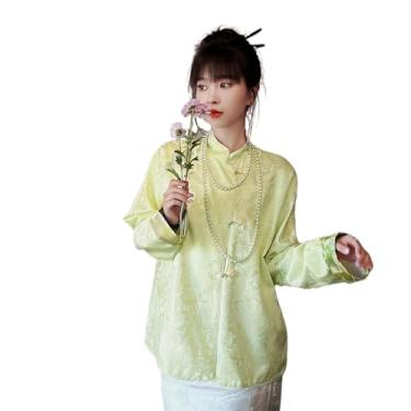 Imagem de Blusa feminina solta com estampa de flor de seda amarelada e gola alta estilo chinês, Light En8, PP