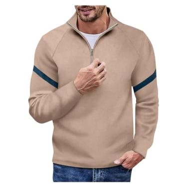 Imagem de Camisa polo masculina combinando cor metade frontal zíper camisa de golfe gola alta padrão listrado pulôver, Cáqui, M