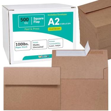 Imagem de Winlyn 500 peças de envelopes de convite A2 Kraft Brown Peel Press Self Seal 10 x 14 envelopes quadrados com aba RSVP envelopes de devolução 45 kg para envio de anúncio 4x5 cartões de visita 1/4 cartões dobráveis