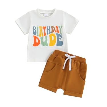 Imagem de Kayotuas Roupa de primeiro aniversário para bebês meninos camiseta de manga curta com estampa de letras e shorts lisos 2 peças roupas de verão, Birthday Dude Brown, 3-4 Anos