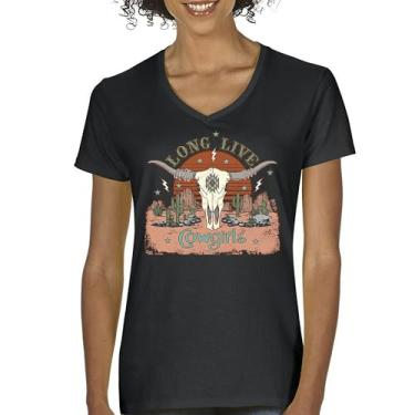 Imagem de Camiseta feminina Long Live Cowgirl gola V Vintage Country Girl Western Rodeo Ranch Blessed and Lucky American Southwest, Preto, XXG