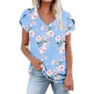 Imagem de Camiseta feminina com estampa floral, gola V, pétala, manga curta, casual, moderna, túnica, camisa de verão, Azul, G