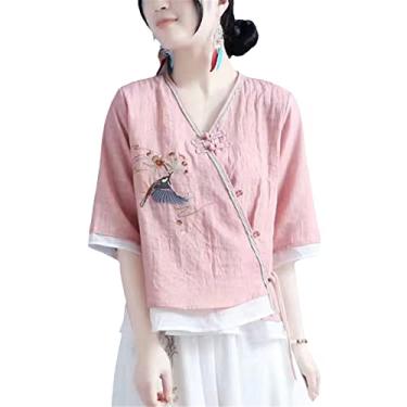 Imagem de Camisetas femininas de linho verão estilo chinês retrô finas camisas tradicionais chinesas tang terno Hanfu étnico feminino Cheongsam, H-803, M