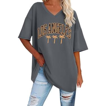Imagem de Camiseta de verão feminina com estampa de letras, mangas curtas, gola V, caimento solto, roupas casuais para sair, Cinza, P
