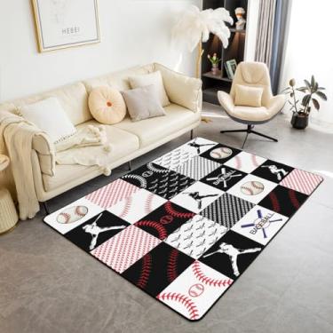 Imagem de Feelyou Tapete de área de beisebol infantil, tamanho duplo, conjunto de tapetes decorativos, jogos de beisebol, jogos, sala de estar, vermelho, branco, preto, xadrez, tapete para decoração de quarto