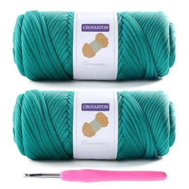 Imagem de Pacote com 2 fios de camiseta para crochê com 1 agulha de crochê, fio elástico para bolsa de crochê/cestas/decoração de casa, fio espaguete fio grosso de tricô comprimento total 130 metros, peso 397 g