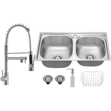 Imagem de Kit Cuba Dupla Gourmet em Aço Inox + Torneira Gourmet Monocomando Vip