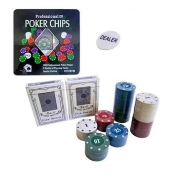 Imagem de Fichas De Poker 100 Fichas + Baralhos + Lata - Fine Gift