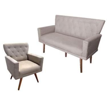 Imagem de Kit Namoradeira + 1 Poltrona Decorativa Aurora Suede Bege Pés Madeira 