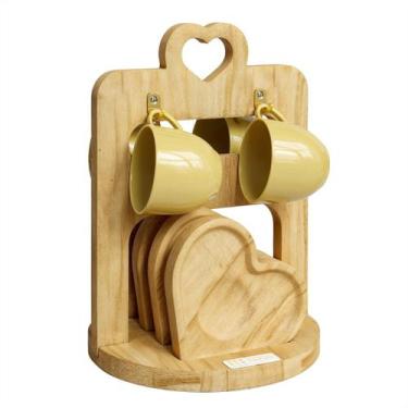 Imagem de Jogo Xicara Café Amarela Porcelana com Pires e Suporte Madeira - Mundo