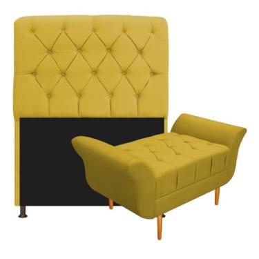 Imagem de Kit Cabeceira Estofado Lady e Recamier Ari 90 cm Solteiro Suede Amarelo - Amarena Móveis