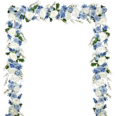 Imagem de DearHouse Guirlanda de Flores de Peônia Artificial de 2 Peças – Guirlanda de Peônia de Seda com Flores Brancas Roxas para Decoração de Mesa de Festa de Casamento, 6 Pés/Fio (Branco, Azul e Azul Escuro