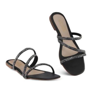 Imagem de Sandália Rasteirinha Feminina Tira Strass Confortavel - 22E, Preto, 35