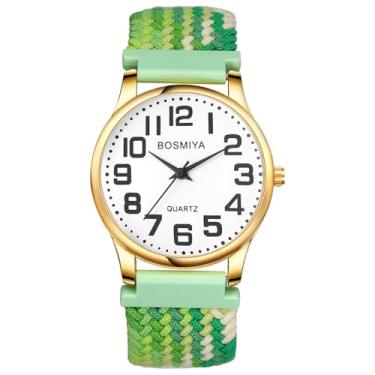 Imagem de JewelryWe Relógios elásticos de corda trançada: relógio de pulso com pulseira de expansão verde ajustável e mostrador grande analógico de quartzo, ouro-verde, M (6.88in-7.67in), relógios elásticos