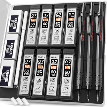 Imagem de Nicpro Conjunto de lápis mecânicos pretos de 0,7 mm, 3 lápis de metal automático para desenho de artistas com 6 tubos, grafite HB e 3 borrachas para escrever, desenhar, esboçar - vem com estojo
