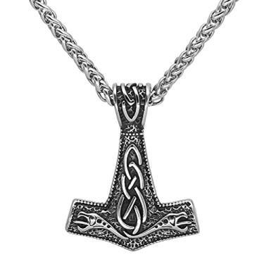 Imagem de GuoShuang Nordic Viking Mjolnir Thor Hammer Valknut Colar de aço inoxidável para homens com bolsa de presente Valknut Prata