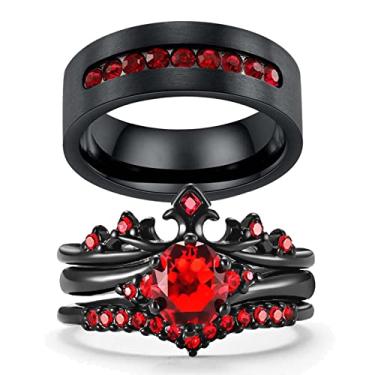 Imagem de Ringcrown Anéis de casal combinando anel de coroa preta CZ vermelho conjunto de alianças de casamento masculinas de aço titânio, Metal cristal Metal strass Pedra, Zircônia cúbica