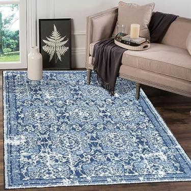 Imagem de Vaukki Tapete de sala de estar, tapete de lavanderia macio felpudo vintage, tapete de área de cozinha antiderrapante, tapete lavável de área de quarto de fazenda para banheiro, cozinha e quarto das crianças (90 x 12 cm, azul)