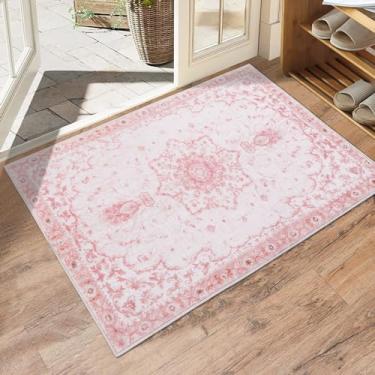 Imagem de Tapete floral vintage rosa, antiderrapante tipo colmeia, lavável, pequeno, para quarto, cozinha, porta de entrada, banheiro, 61 x 91 cm