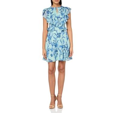 Imagem de Tommy Hilfiger Vestido feminino rodado com babados e mangas esvoaçantes Lurex Stripe Chiffon Fit and Flare, Cinza/azul, 48