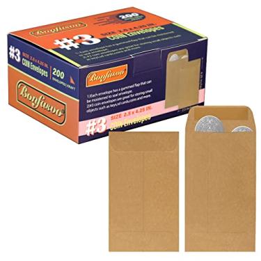 Imagem de Bonfasvo Pacote com 200 envelopes Kraft marrom nº 3 envelope para moedas 6,3 x 10,8 cm, envelopes clássicos com aba autoadesiva para moedas e cartões de crédito