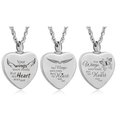 Imagem de Buruslove Pacote com 3 colares de urna de cremação para cinzas Your Wings Were Ready, joia de cremação, colar memorial de coração, pingente de medalhão de cinzas, colar de lembrança com kit de funil e