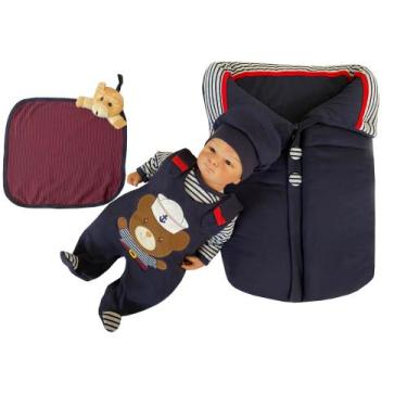 Imagem de Saída Maternidade Menino Saco De Dormir Jardineira Body e Naninha Urso
